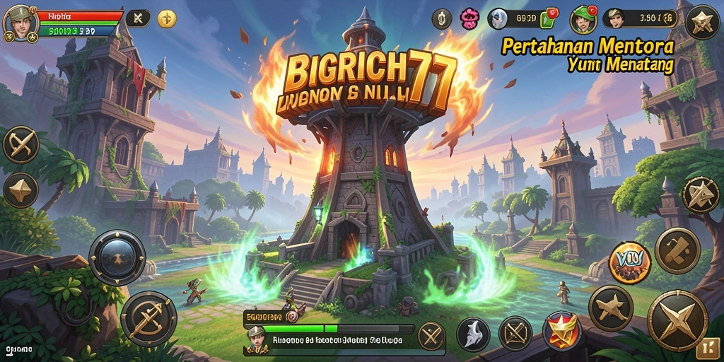 Gameplay seru dalam BIGRICH77, menara berjuang melawan musuh.