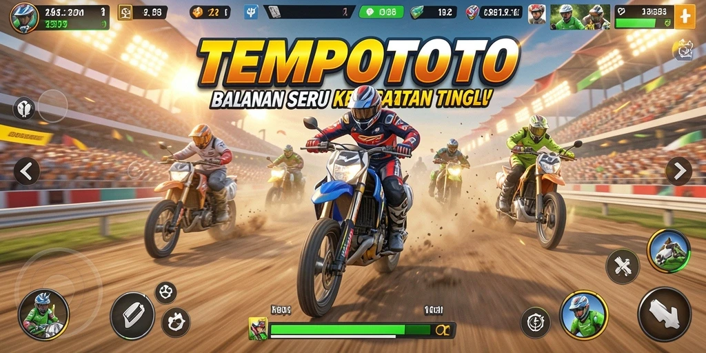 Screenshot TEMPOTOTO menampilkan balapan mendebarkan di lintasan yang penuh tantangan.