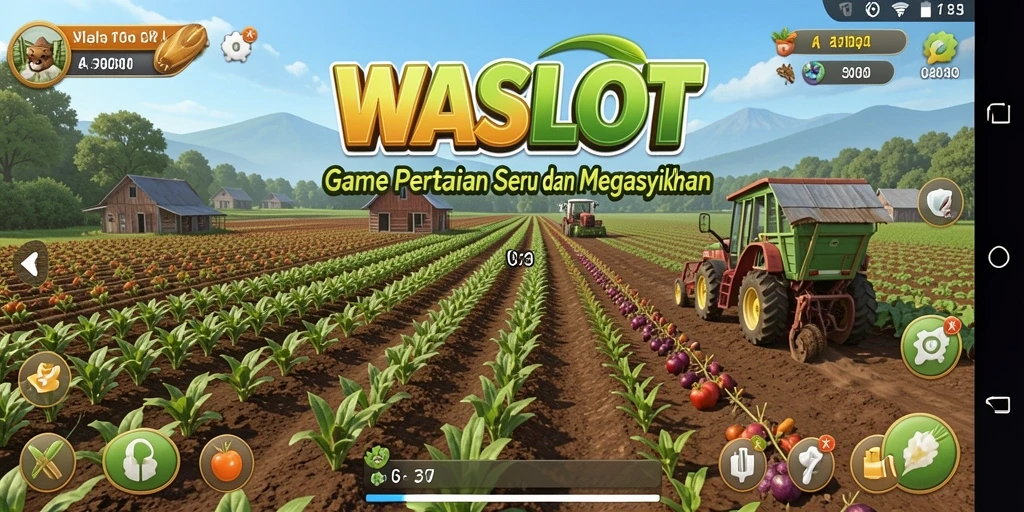 Tampilan gameplay WASLOT yang menampilkan sawah dan aktivitas bertani.